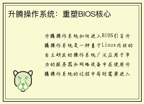 升腾操作系统：重塑BIOS核心